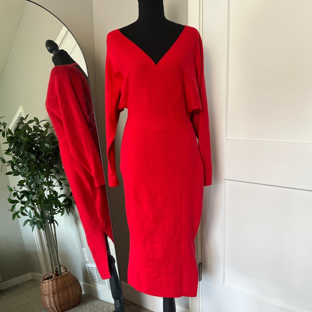 FORE Wrap V-Neck Midi Dress Womens Red Long Sleeve Ruched Cocktail Holiday Party